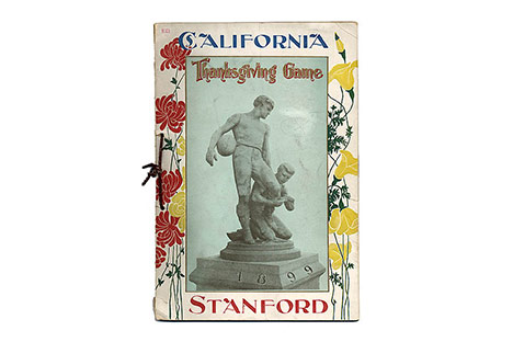 A flyer for the first Big Game with an image of the sculpture of football players, illustrated with flowers and text California - Stanford, Thanksgiving Game