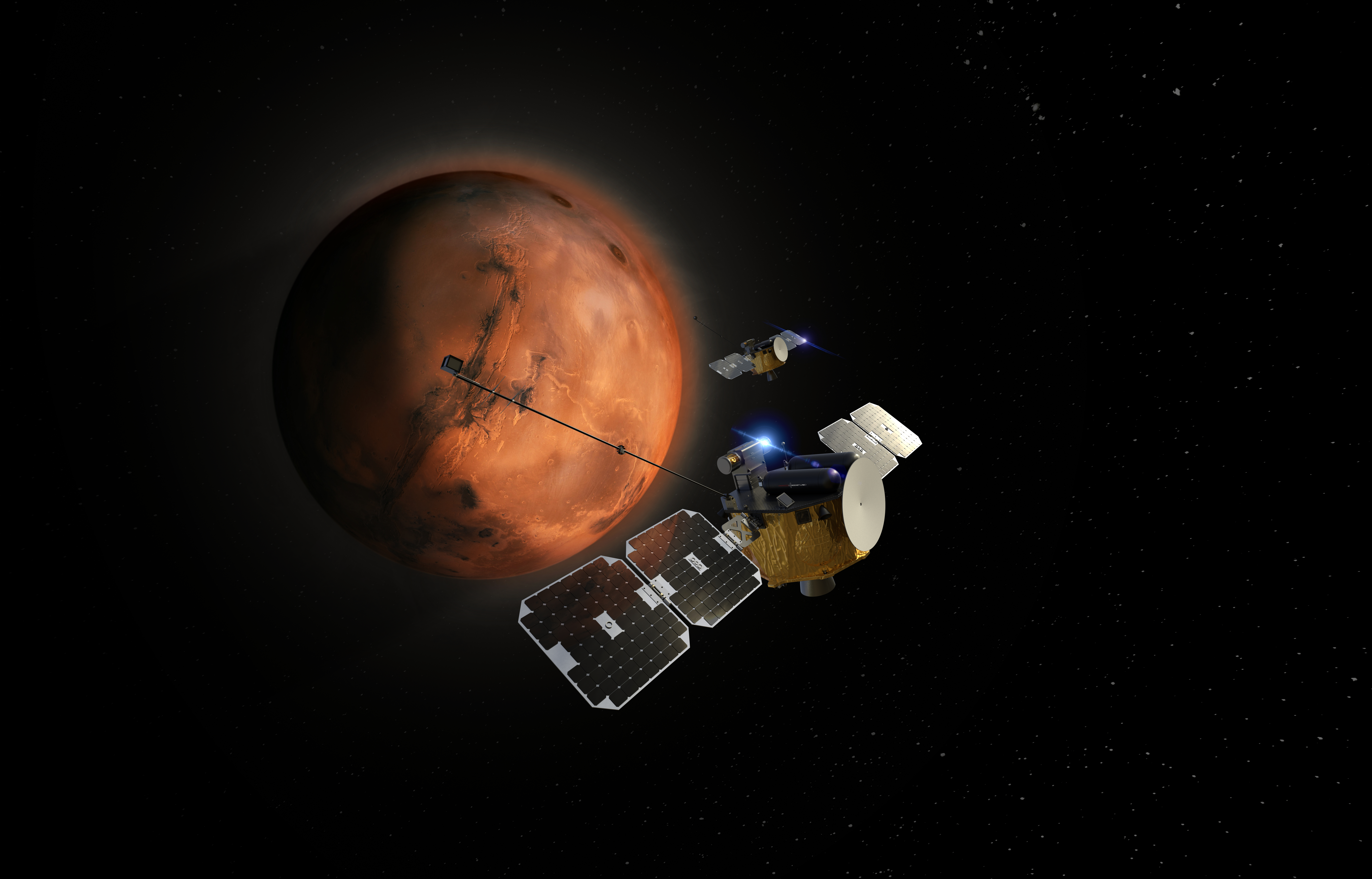 Rendering of a spacecraft in the foreground with the planet Mars in the background