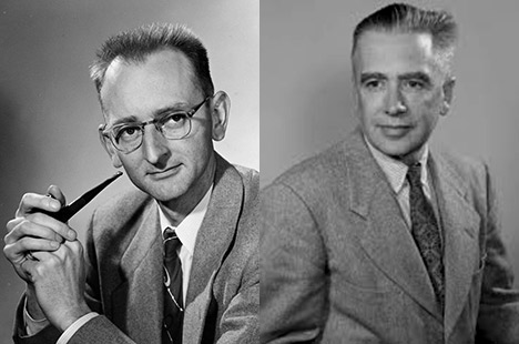 Side by side portraits of men wearing suits with ties. One is holding a pipe.