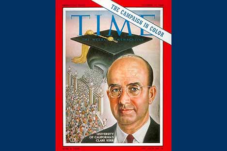 Time Magazine cover with UC President Clark Kerr and illustration of people walking through Sather Gate and a mortarboard