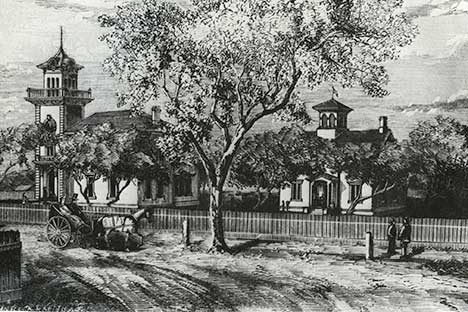 Rendering of two buildings surrounded by fence with a horse-drawn cart and two figures