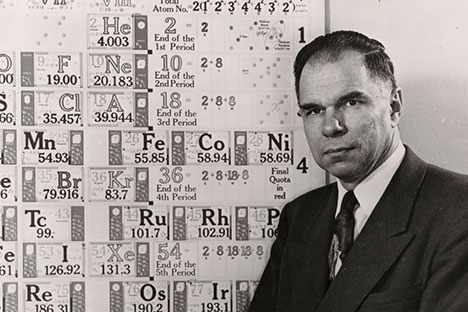 Man wearing suit standing in front of periodic table of elements