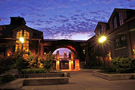 Night time view of a building with walkway lit by lights