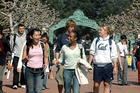 Multicultural students walking and talking with Sather Gate in background