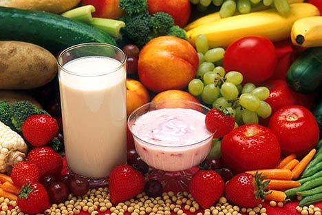 fruits, vegetables, milk